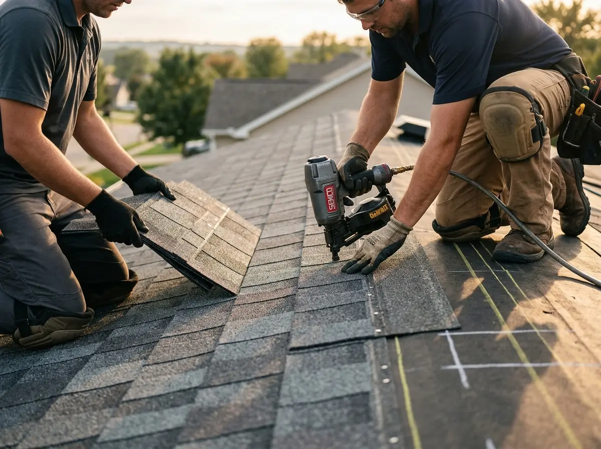 Professional roofer working on a residential roof in Carmel